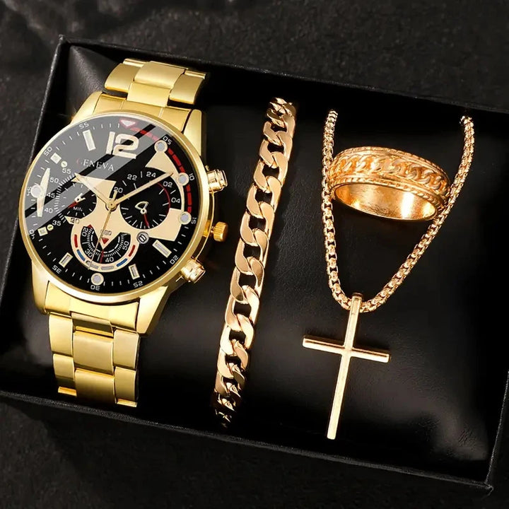 4pcs gold alloy Roman with calendar men's quartz watch and cross necklace bracelet ring set selected gift