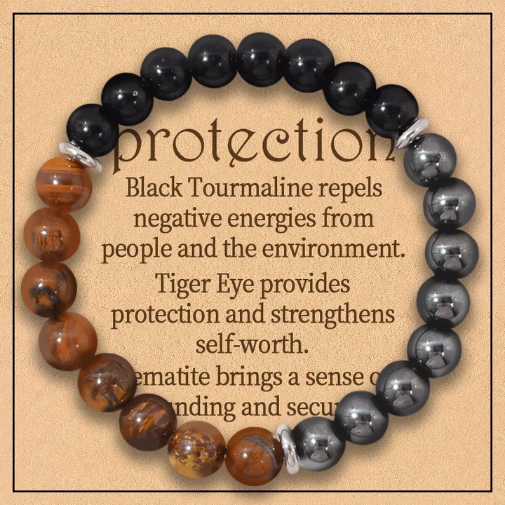 Triple Protection Bracelet:Tiger Eye, Black Obsidian, & Hematite 8mm Round Protection Crystals (Gemstone Stretch Bracelet)