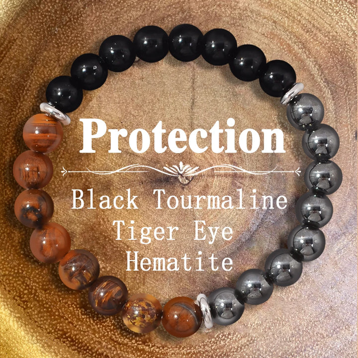 Triple Protection Bracelet:Tiger Eye, Black Obsidian, & Hematite 8mm Round Protection Crystals (Gemstone Stretch Bracelet)