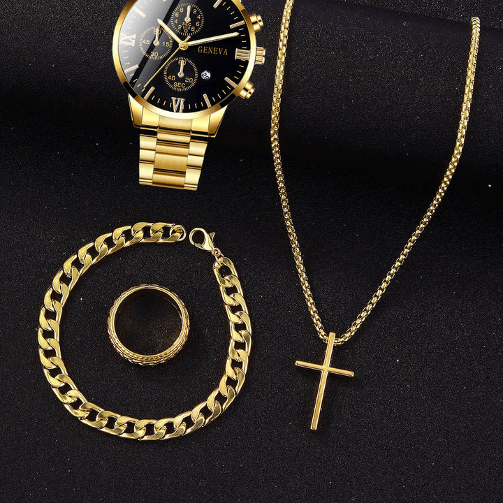 4pcs gold alloy Roman with calendar men's quartz watch and cross necklace bracelet ring set selected gift