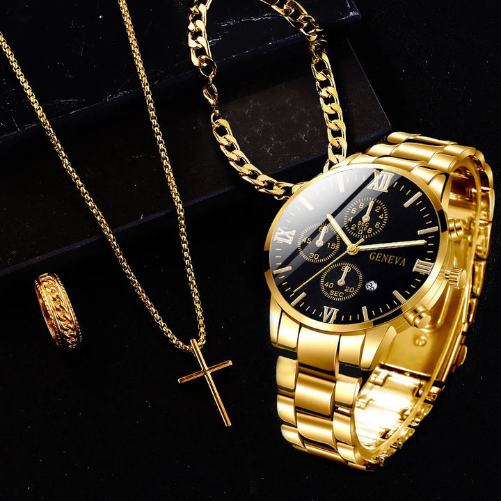 4pcs gold alloy Roman with calendar men's quartz watch and cross necklace bracelet ring set selected gift