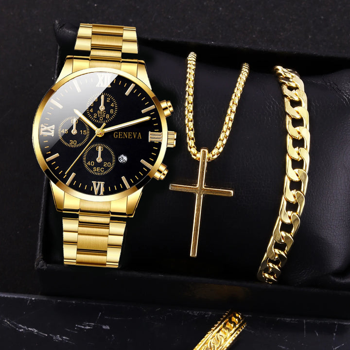 4pcs gold alloy Roman with calendar men's quartz watch and cross necklace bracelet ring set selected gift